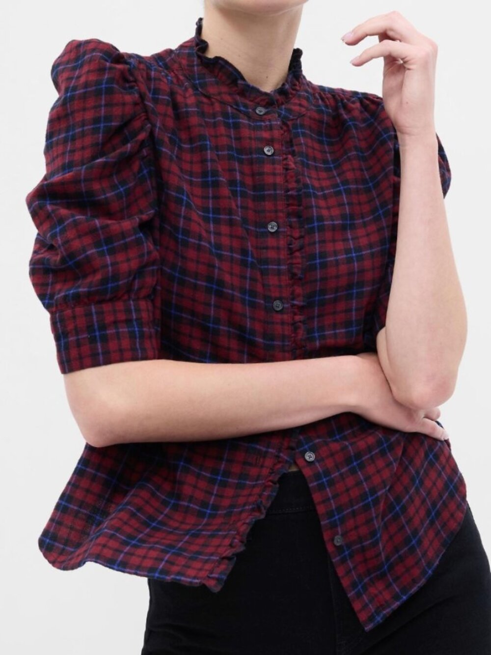 GAP Plaid Ruffle Puff Sleeve Button Front Blouse Burgundy Black Size Small